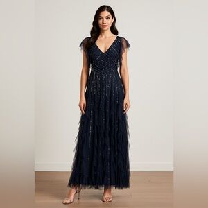 Adrianna Papell Navy Sequin Beaded Tiered Gown Size 10 Formal Evening